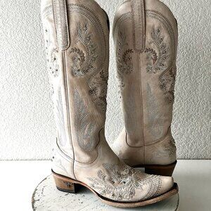 Lane Santorini Womens Cowboy Boots Cream Western Cowgirl Mid Calf Snip Toe 7.5